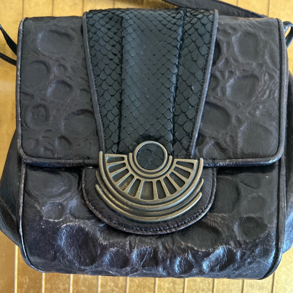 Vtg Sharif Black Leather With Python Crossbody Bl… - image 8